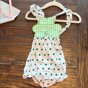 Green Polka Dot Baby Romper with Clover Applique